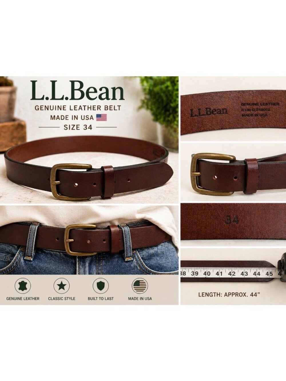 LL Bean Genuine Leather Belt Brown Size 34 USA Made Classic Casual